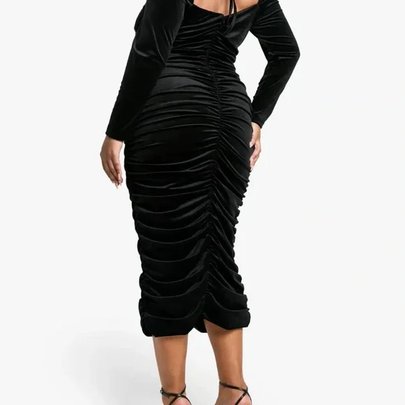 Black Ruched Pencil Midi Dress for Cocktail NWT - Picture 3 of 8